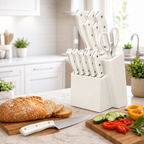 15-Piece White Kitchen Knife Set with Built-In Sharpener