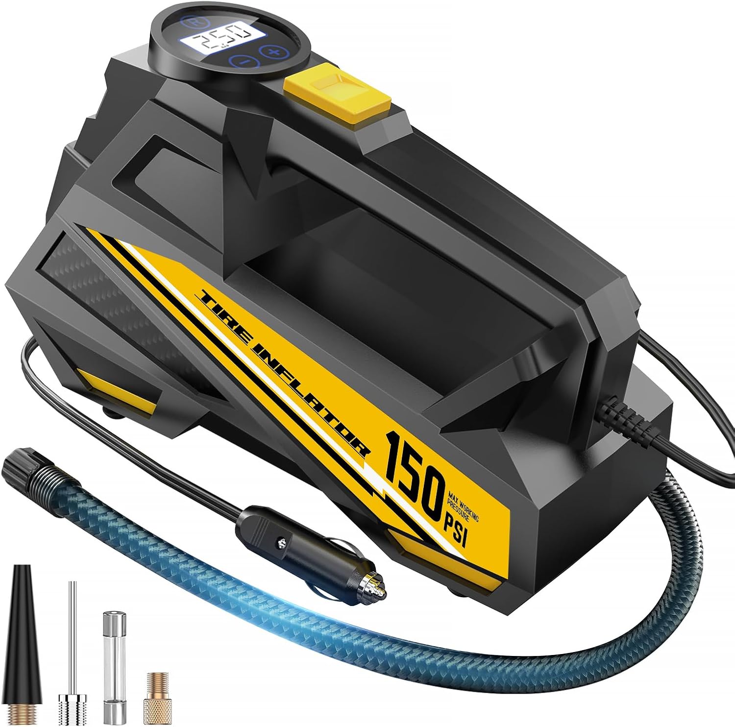 FLYKID Portable Tire Inflator – 12V Air Compressor with 150 PSI LCD Gauge & LED Light
