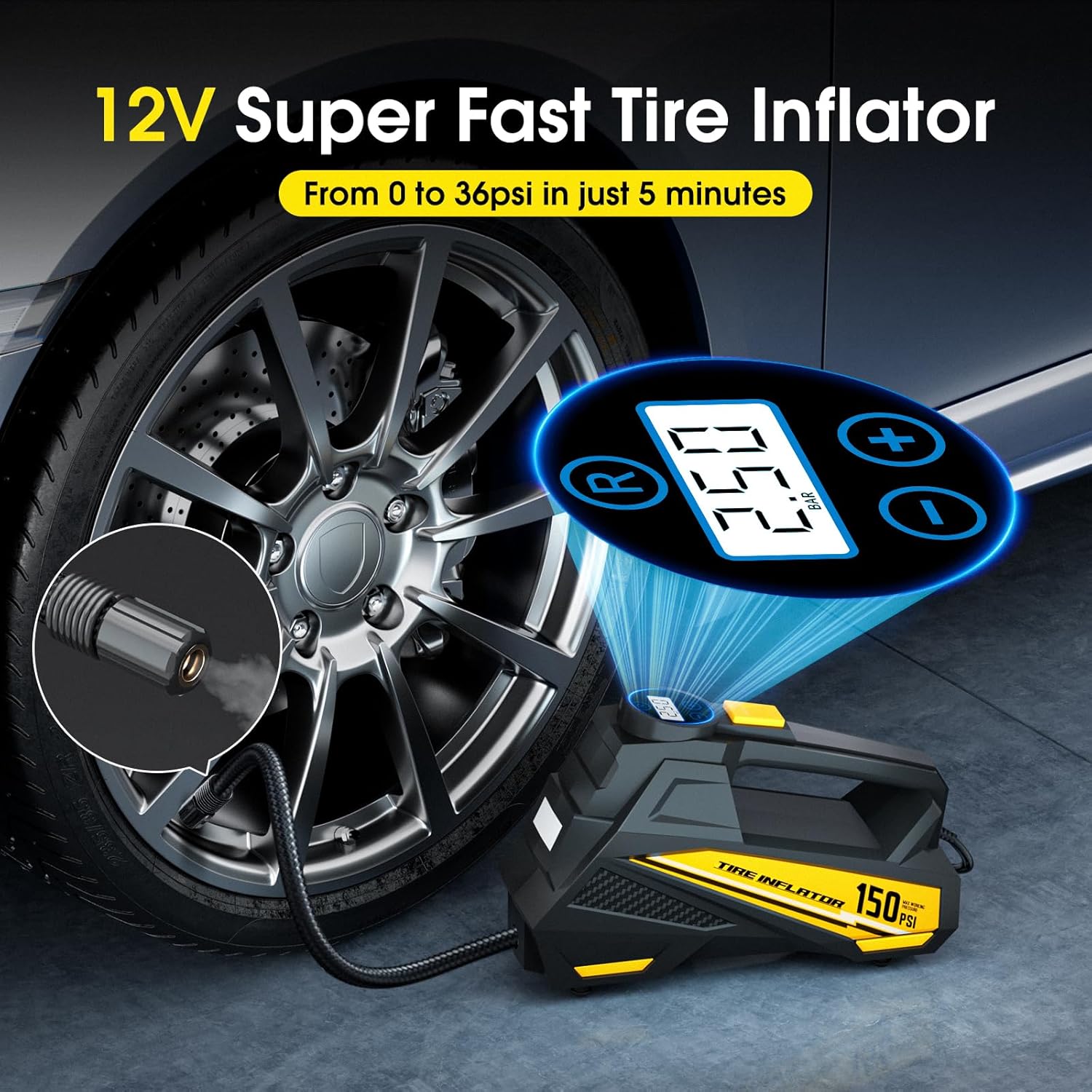 FLYKID Portable Tire Inflator – 12V Air Compressor with 150 PSI LCD Gauge & LED Light Secondary image