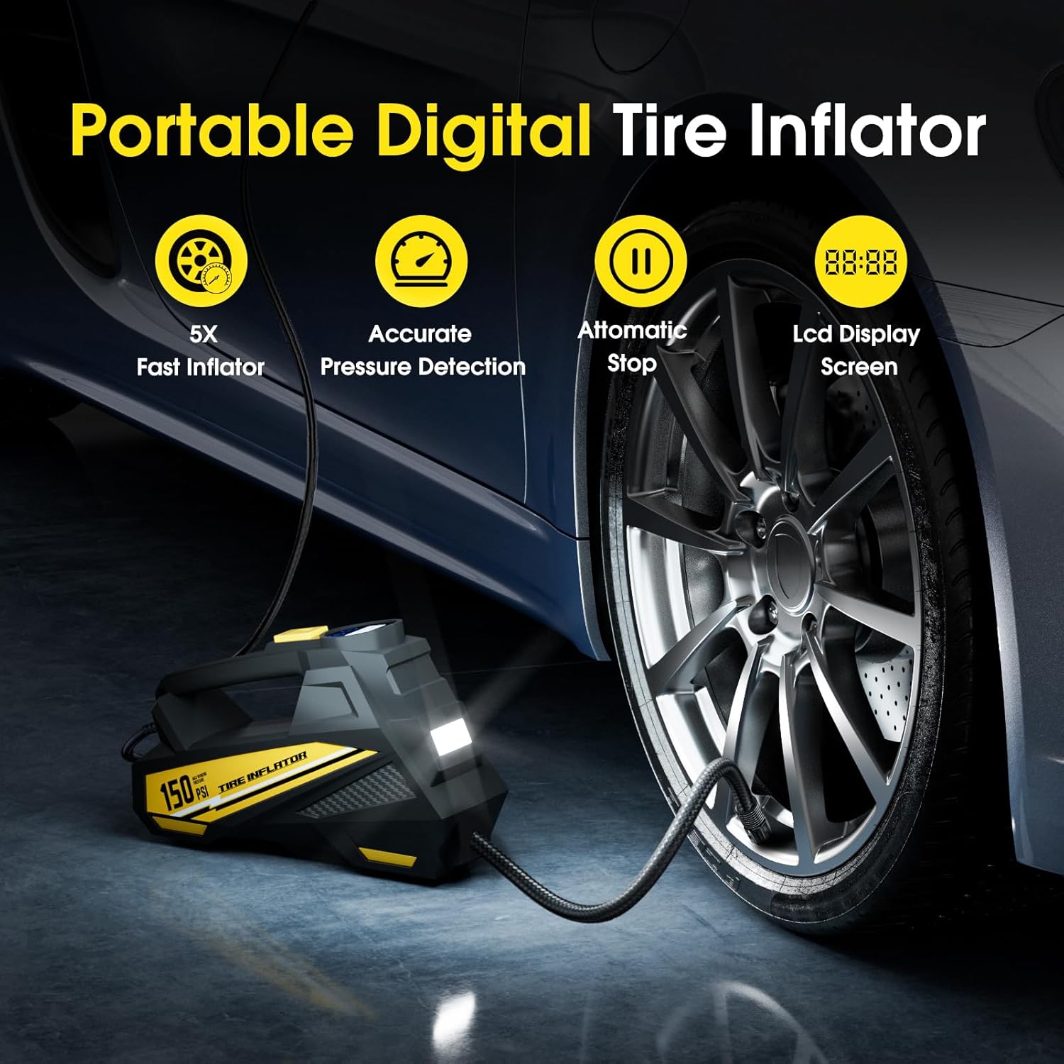 FLYKID Portable Tire Inflator – 12V Air Compressor with 150 PSI LCD Gauge & LED Light