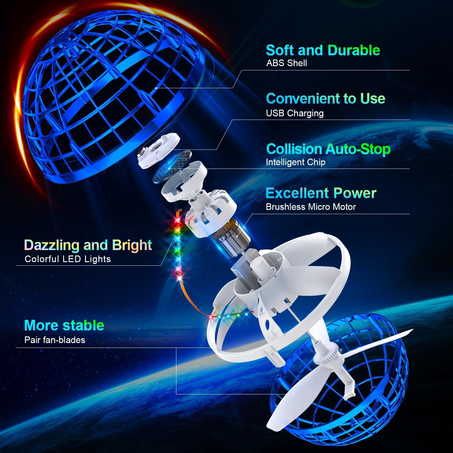 Flying Orb Ball with Dazzling Lights – Magic Hover Spinner & Boomerang Drone