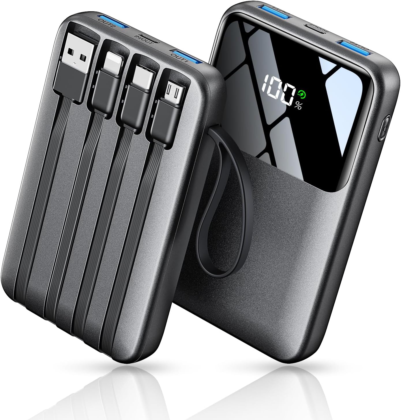 HELLEE 15000mAh Power Bank – 22.5W Fast Charging, 6 Outputs, Built-in Cables, LED Display, Slim Travel Battery Pack