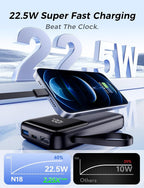 HELLEE 15000mAh Power Bank – 22.5W Fast Charging, 6 Outputs, Built-in Cables, LED Display, Slim Travel Battery Pack