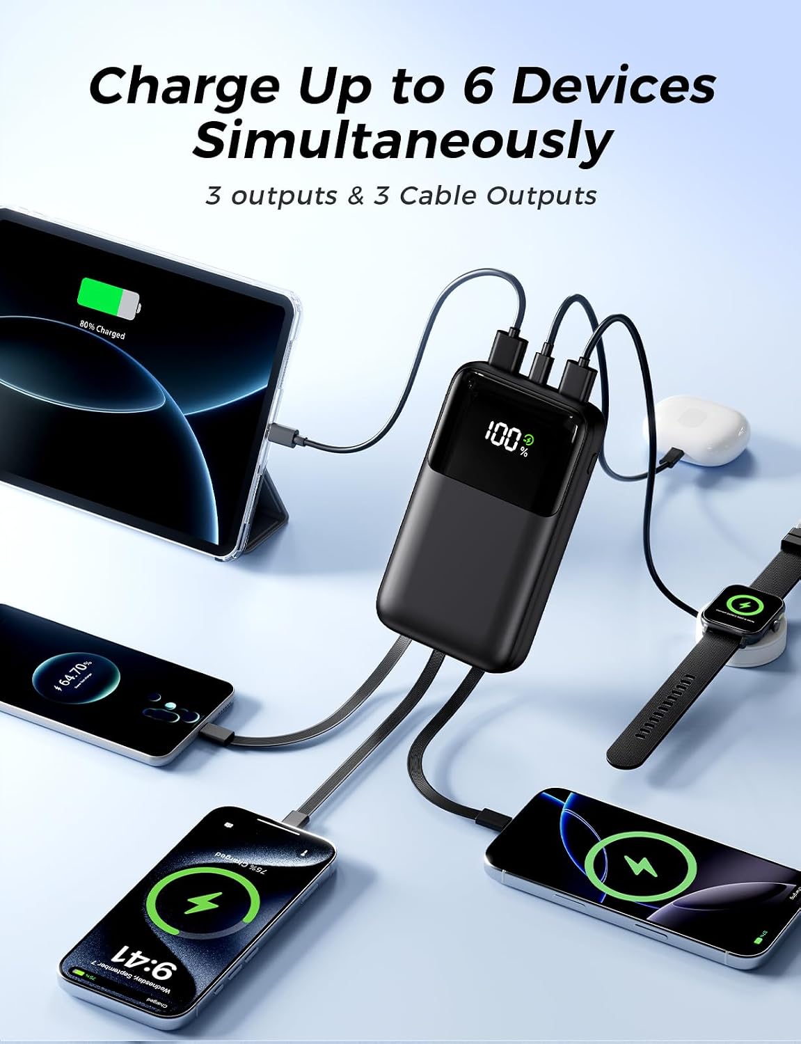 HELLEE 15000mAh Power Bank – 22.5W Fast Charging, 6 Outputs, Built-in Cables, LED Display, Slim Travel Battery Pack