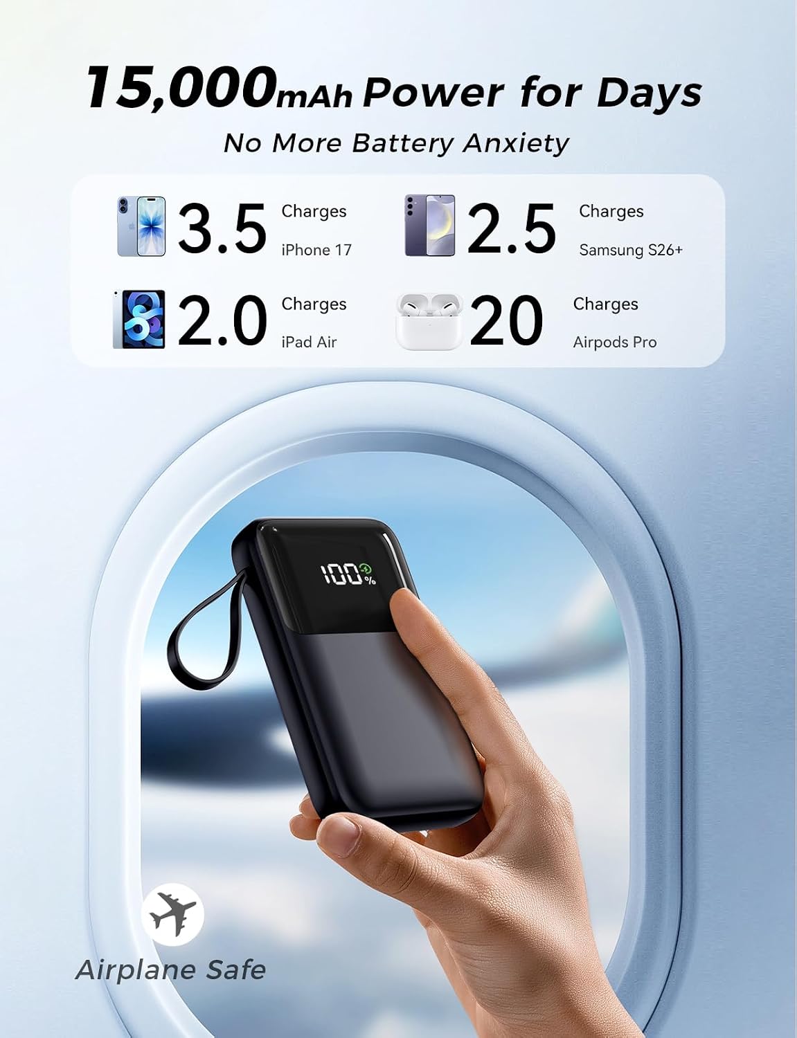 HELLEE 15000mAh Power Bank – 22.5W Fast Charging, 6 Outputs, Built-in Cables, LED Display, Slim Travel Battery Pack