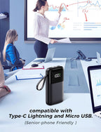 HELLEE 15000mAh Power Bank – 22.5W Fast Charging, 6 Outputs, Built-in Cables, LED Display, Slim Travel Battery Pack