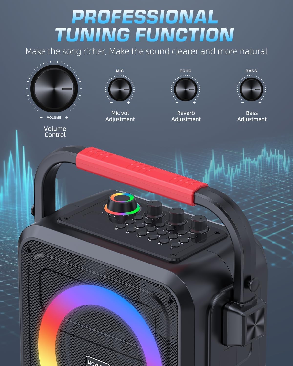 MOYLEAF K253 Bluetooth Karaoke Speaker w/ 2 Wireless Mics & RGB Lights