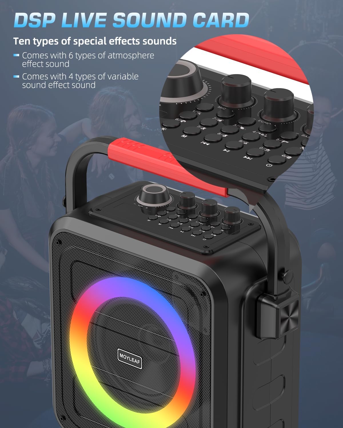 MOYLEAF K253 Bluetooth Karaoke Speaker w/ 2 Wireless Mics & RGB Lights
