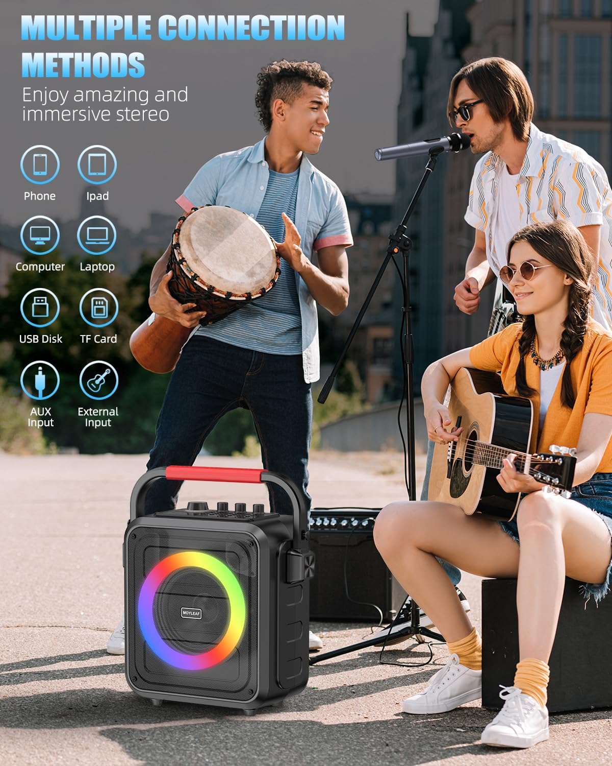 MOYLEAF K253 Bluetooth Karaoke Speaker w/ 2 Wireless Mics & RGB Lights