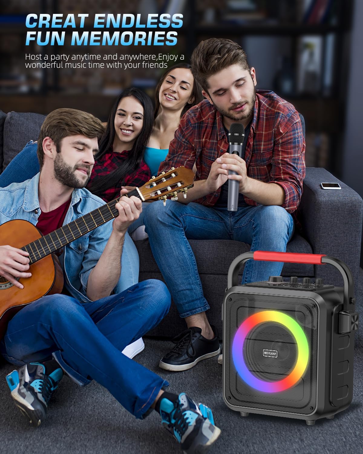 MOYLEAF K253 Bluetooth Karaoke Speaker w/ 2 Wireless Mics & RGB Lights