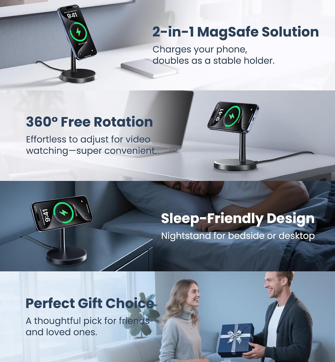 Magnetic Wireless Charger Stand – 15W Fast Charging for iPhone & AirPods