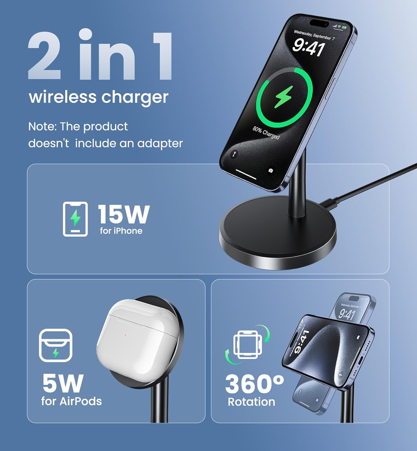 Magnetic Wireless Charger Stand – 15W Fast Charging for iPhone & AirPods