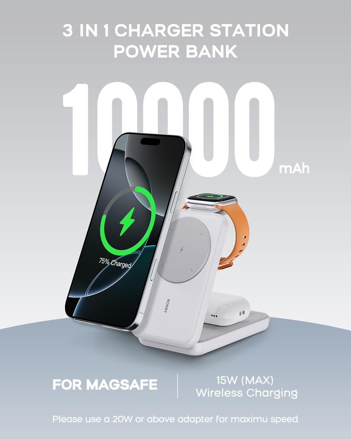 RORRY M3 10000mAh 3-in-1 MagSafe Wireless Power Bank – Fast Charging for iPhone, Apple Watch & AirPods