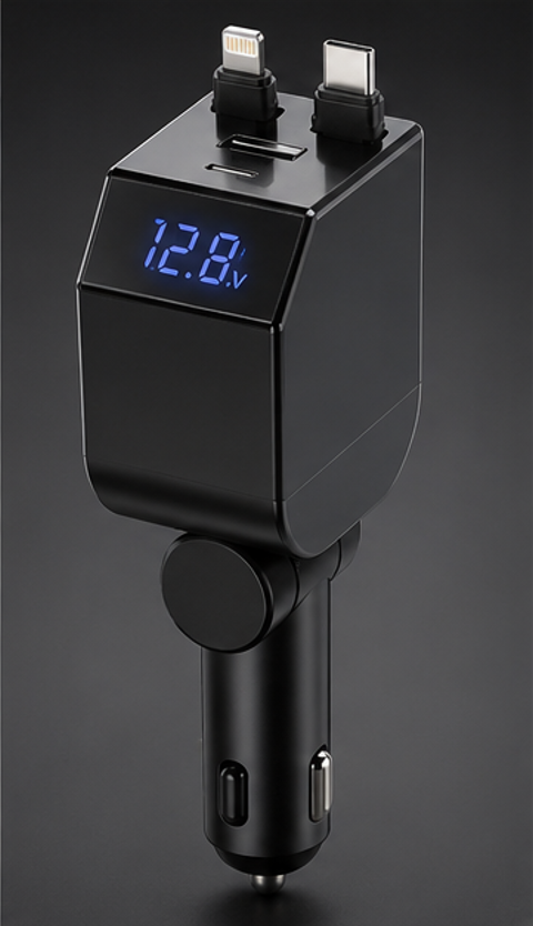 84W 3-in-1 Car Charger – iOS, Android & USB-C with LED Voltage Display