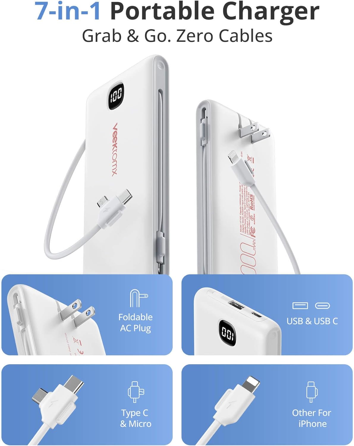 VEEKTOMX 10000mAh Power Bank with Built-in Cables & Wall Plug – Slim Fast Charging Travel Battery Pack for iPhone & Android