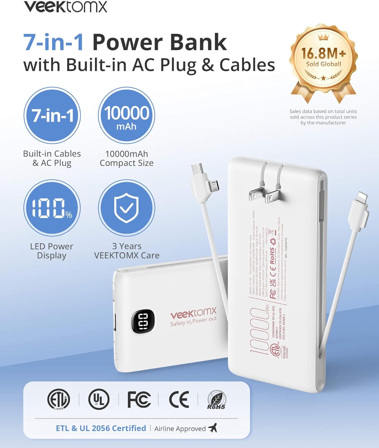 VEEKTOMX 10000mAh Power Bank with Built-in Cables & Wall Plug – Slim Fast Charging Travel Battery Pack for iPhone & Android Main image