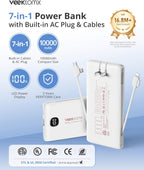 VEEKTOMX 10000mAh Power Bank with Built-in Cables & Wall Plug – Slim Fast Charging Travel Battery Pack for iPhone & Android