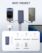 VRURC T01 10000mAh Slim Power Bank – Built-in Cable, AC Wall Plug, Digital Display, Auto Shut-Off