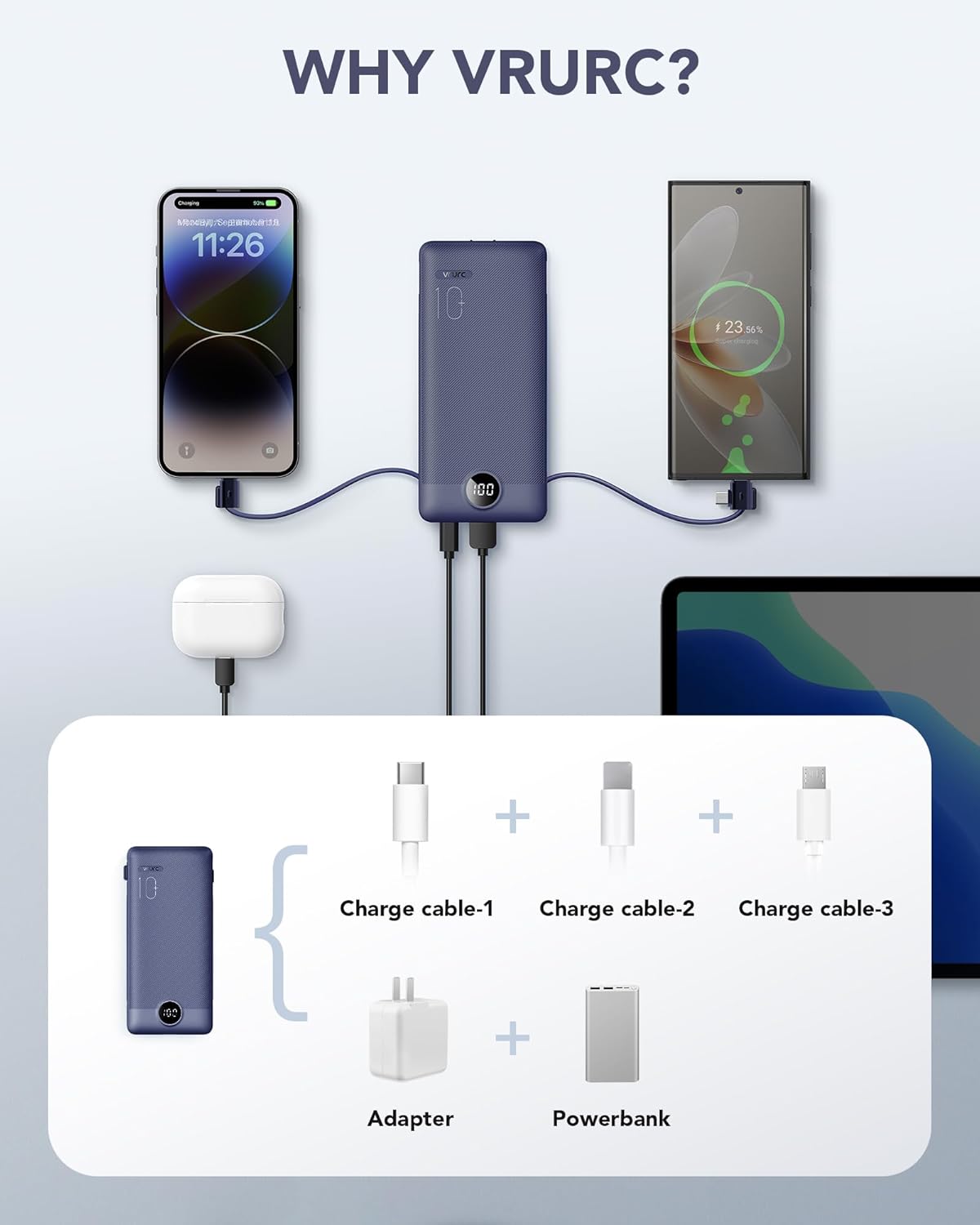 VRURC T01 10000mAh Slim Power Bank – Built-in Cable, AC Wall Plug, Digital Display, Auto Shut-Off