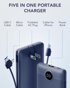VRURC T01 10000mAh Slim Power Bank – Built-in Cable, AC Wall Plug, Digital Display, Auto Shut-Off