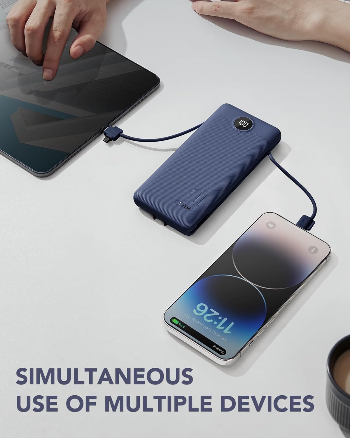 VRURC T01 10000mAh Slim Power Bank – Built-in Cable, AC Wall Plug, Digital Display, Auto Shut-Off