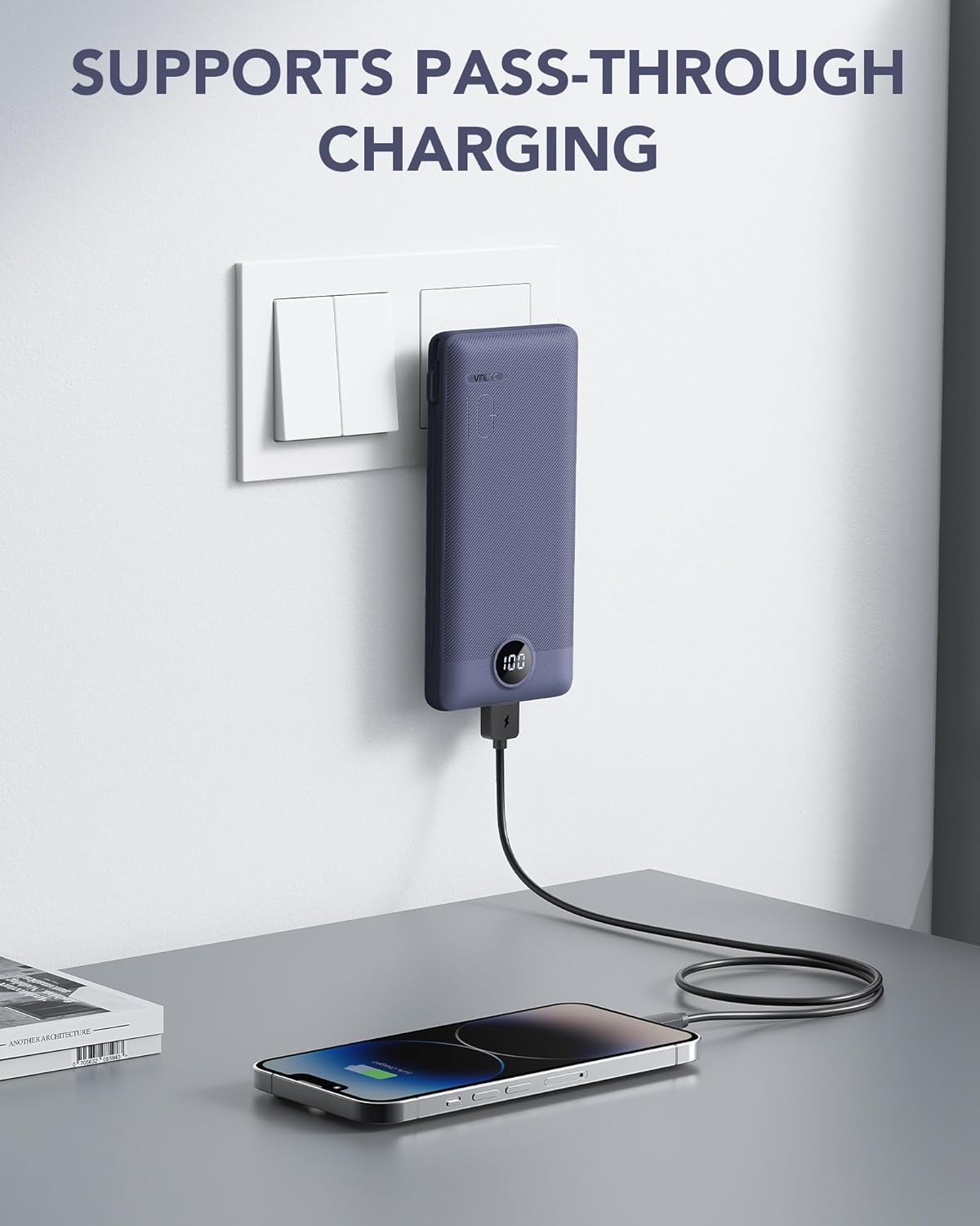 VRURC T01 10000mAh Slim Power Bank – Built-in Cable, AC Wall Plug, Digital Display, Auto Shut-Off