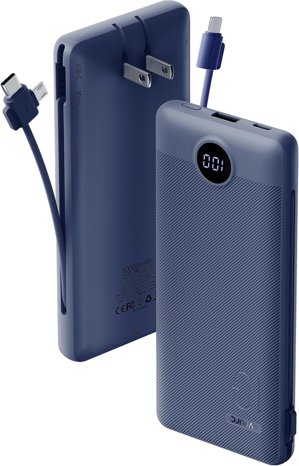 VRURC T01 10000mAh Slim Power Bank – Built-in Cable, AC Wall Plug, Digital Display, Auto Shut-Off