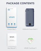 VRURC T01 10000mAh Slim Power Bank – Built-in Cable, AC Wall Plug, Digital Display, Auto Shut-Off