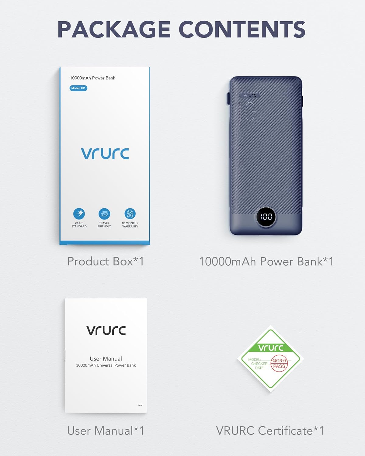 VRURC T01 10000mAh Slim Power Bank – Built-in Cable, AC Wall Plug, Digital Display, Auto Shut-Off