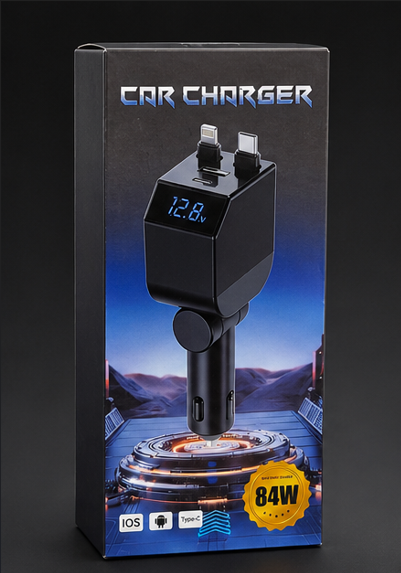 84W 3-in-1 Car Charger – iOS, Android & USB-C with LED Voltage Display